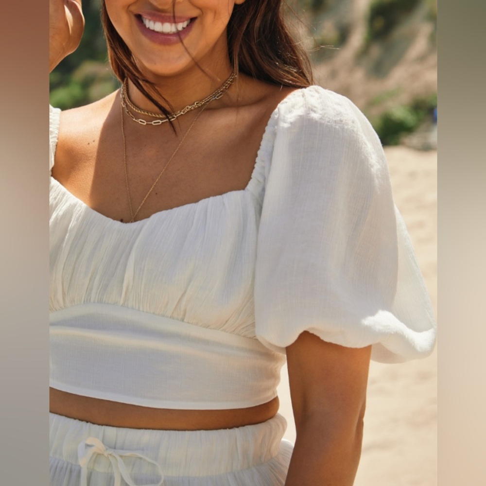 Abercrombie & Fitch Puff Sleeve Gathered Crop Top White - Picture 4 of 7
